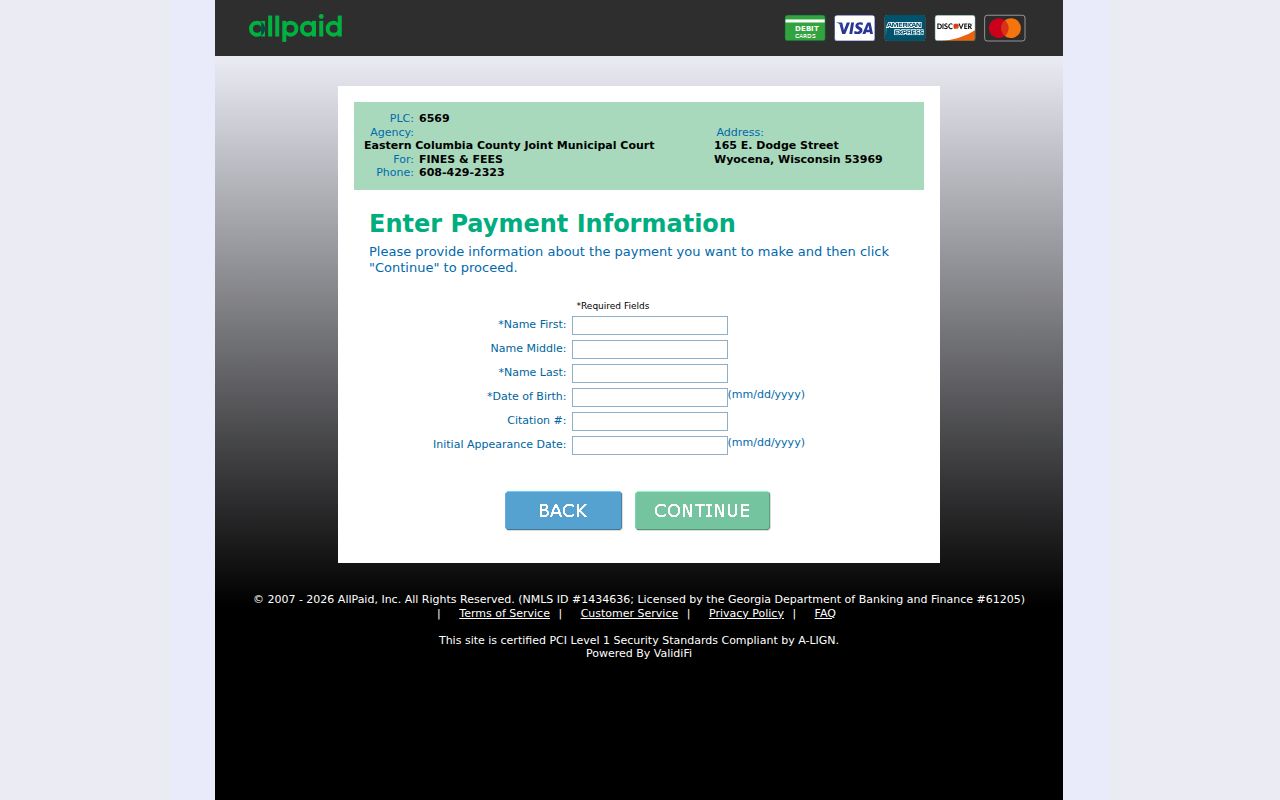 Columbia County traffic court citation payment form