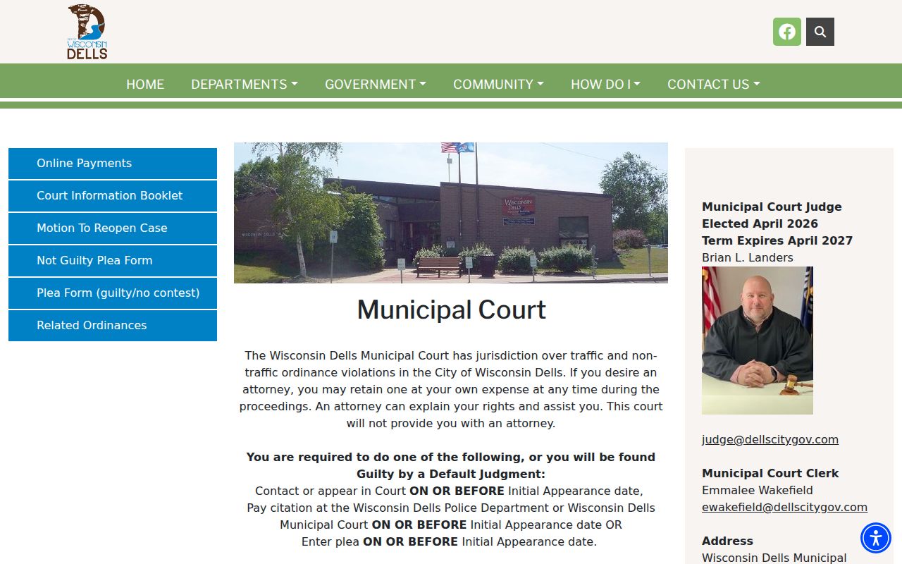 Official Wisconsin Dells Municipal Court page with citation procedures and contact details